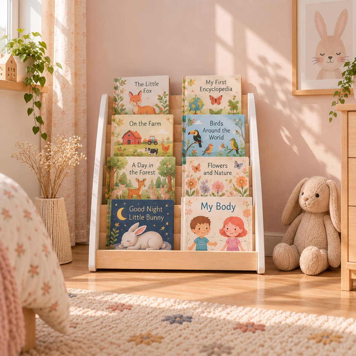 Montessori-Bücherregal mit Buchaufbewahrung, 4 Ebenen