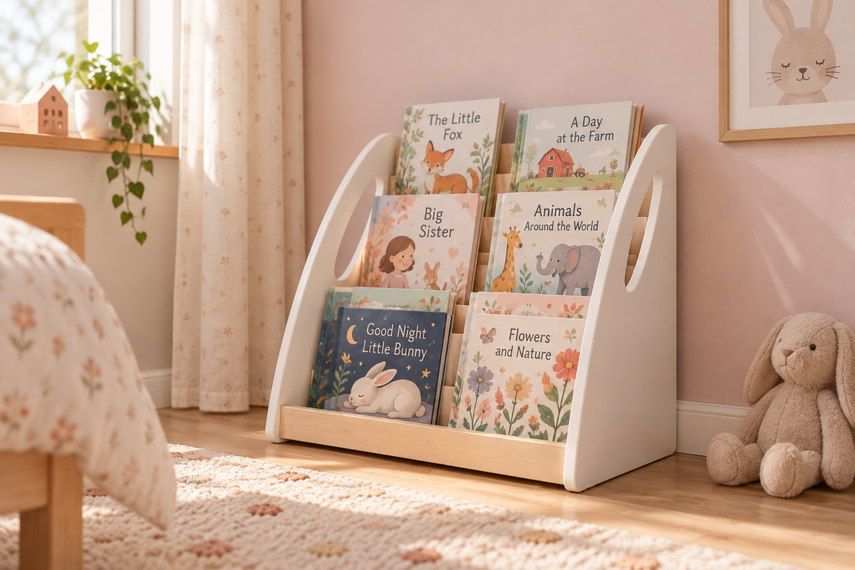 Montessori-Bücherregal mit Buchaufbewahrung, 4 Ebenen