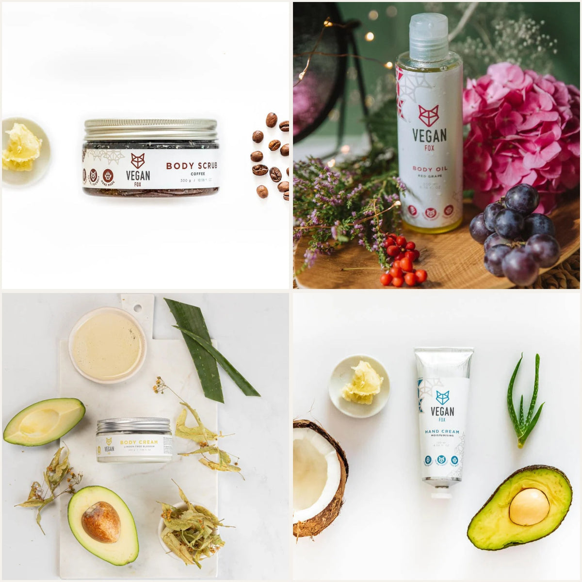 Vegan Fox Body-Spa-Set: Kaffeepeeling + Körperöl + Körpercreme + Handcreme